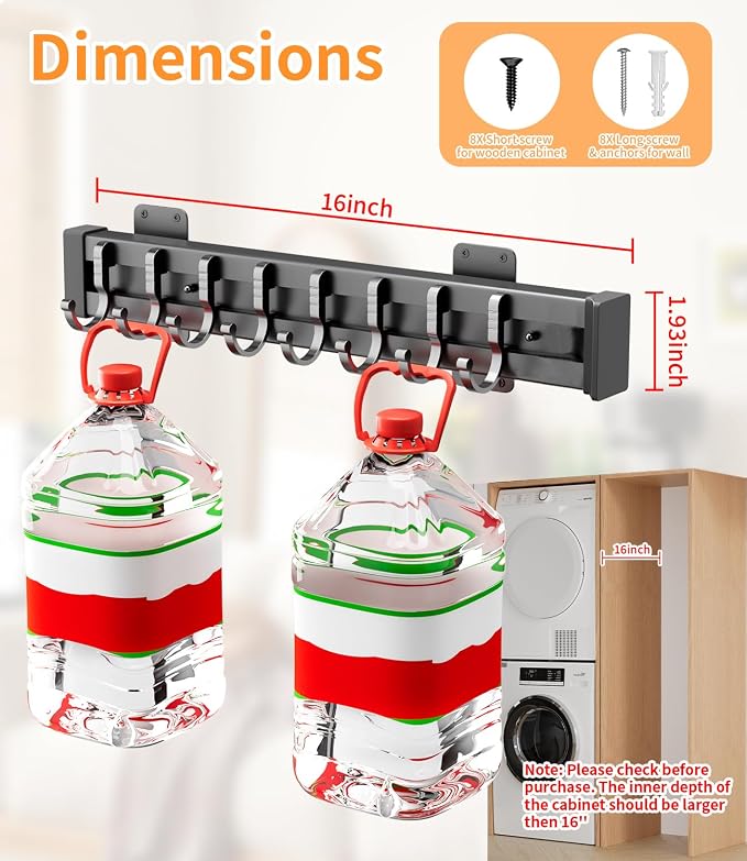 Pull Out Broom Holder With 8 Adjustable Row Sliding Hook - Black 14.17inch | High Load Capacity, Multifunctional Slide Broom And Mop Storage/Organizer Garage Organization Hook, for Closet Laundry Garage