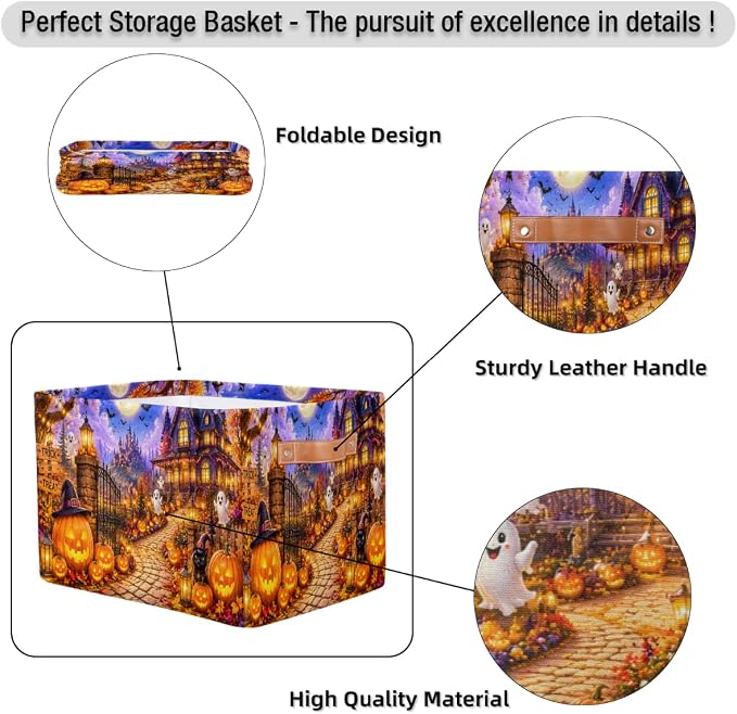 Halloween Basket Storage Bins Rectangle Canvas Basket Cube Storage Box | Nursery Foldable Basket with Handle for Kids Girls Boys Toys Living Room Closet Organizer Shelf Gifts Spooky Night Pumpkin