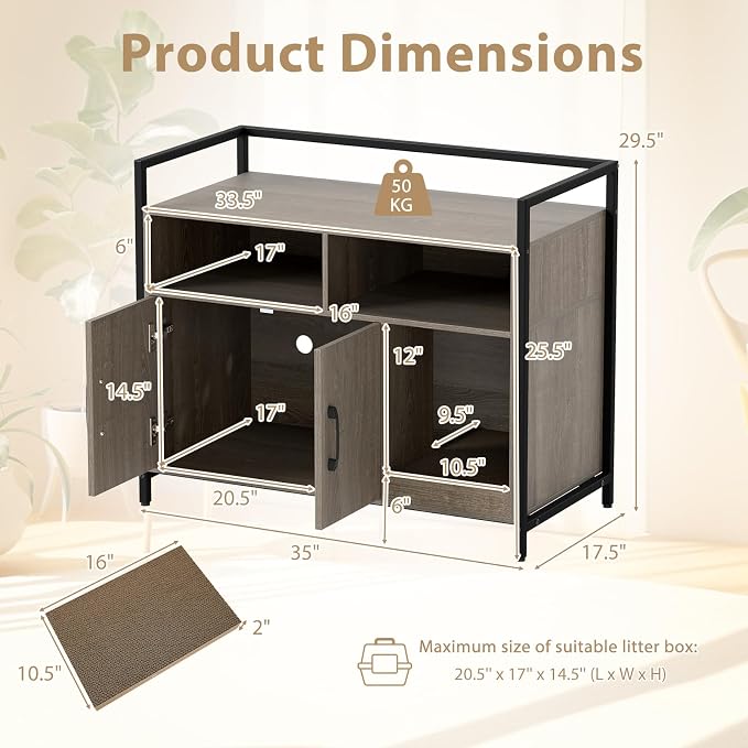 Giantex Cat Litter Box Enclosure - Cat Washroom Hidden Furniture with Front Entry, Scratcher, 2-Door Storage Cabinet, 2 Compartments, Air Vents, Metal Frame, Wooden Pet Crate House (Oak Gray)