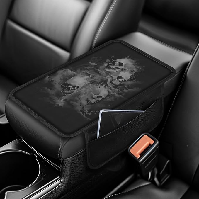 Howilath Center Console Cushion Cover, Non-Slip for Car Armrest | Grey Skull Elastic Band Holds Firmly, No Tools Needed, Protects from Scratches and Stains