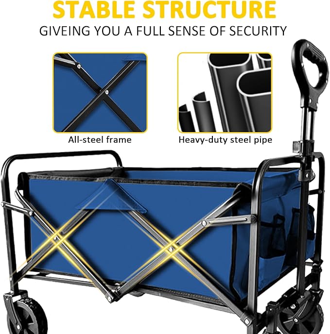 Foldable Wagon Cart, Collapsible Wagon Cart with Heavy Duty Wheels, 220Ibs Portable Folding Utility Wagon for Groceries, Beach, Camping, Outdoor Activities, Blue