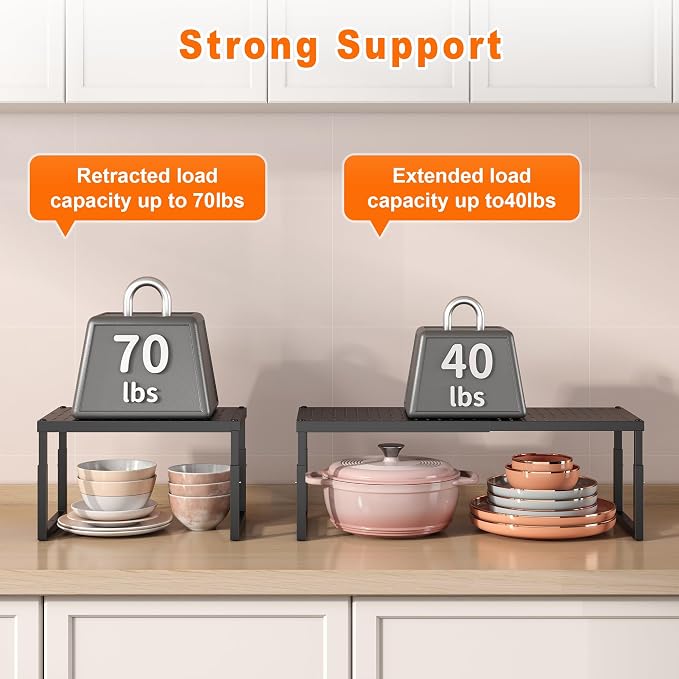 Shelf Organizer Riser For Cabinet Pantry Kitchen Countertop Cupbaord Closet | Expandable Width, Adjustable Height, Stackable As 2-Tier Shelf Rack, Snap-Button: Easily Adjust Height, Heavy Duty Metal