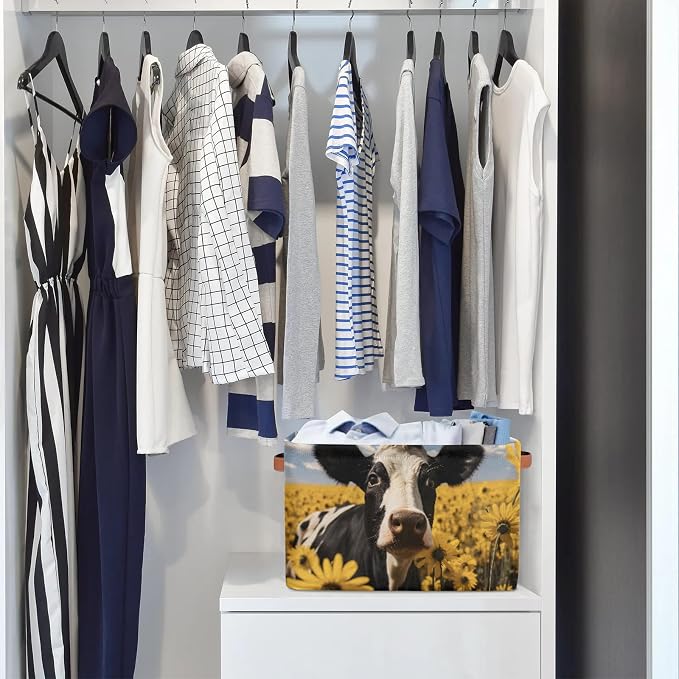 Cow Sunflower Storage Basket Bin Memorial Day Large Fabric Toys Storage Cube Box with Handles Collapsible Closet Shelf Cloth Organizer for Nursery Bedroom Bathroom