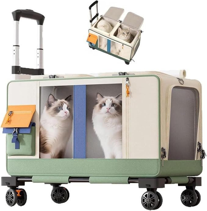 Large Cat Carrier with Wheels for 2 Cat, Double Rolling Pets Carrier on Wheel, Foldable Soft-Sided Carriers with Telescopic Handle, for Small Dogs Travel Bag for Outdoor Hiking Camping