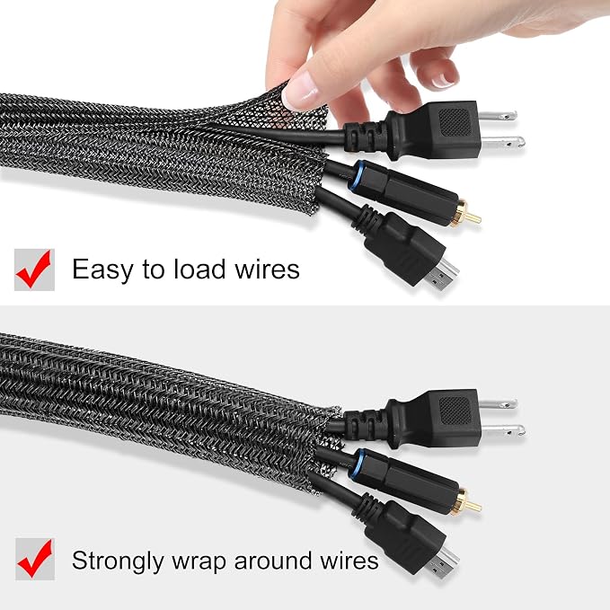 10ft x 1 inch Cable Sleeve Split Wire Loom Tubing for Power, Audio, USB, Cord Management for TV, Computer, Protects from Pets Chewing, Black