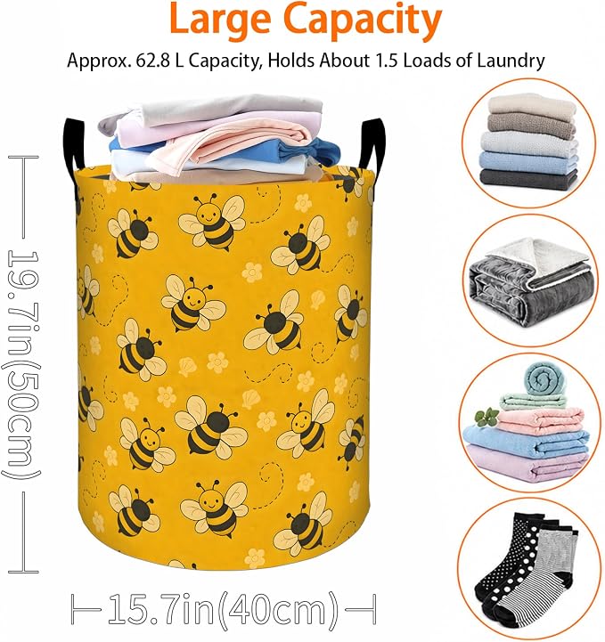 Cute Bee Laundry Basket, Adorable Bumblebee Floral Oxford Cloth Dirty Clothes Collapsible Hamper for Room Decor, Cartoon Gifts, Toy Organizer 19.7 x 15.7 Inches for Bedroom Bathroom Dorm