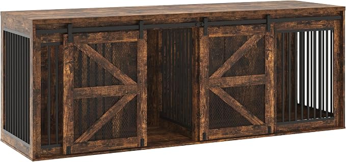 jiteentarou95In Farmhouse Dog Crate TV Stand, Wooden Dog Kennel Furniture with Sliding Metal Mesh Barn Door, Large Dog Crate Furniture for 2 Dogs, Solid Metal Tube & 2 Lockable Doors, Rustic Brown