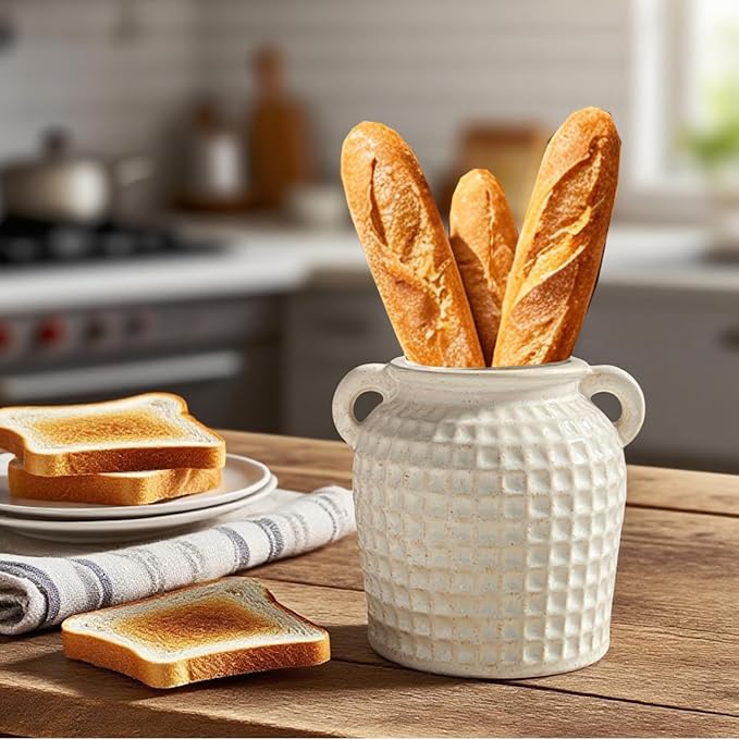 Rustic Ceramic Utensil Holder, 6.7" Kitchen Cooking Utensil Holder | Utensil Organizer Crock with Handle for Kitchen Counter, Vintage Farmhouse Home Decor, Flower Pot, Countertop Spoon Tools