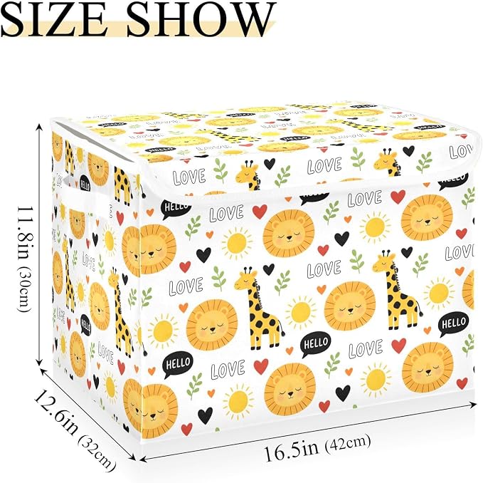 Storage Bins with Lid Giraffe Lion Foldable Storage Boxes 40L Baskets | Decorative Storage Boxes, 300D Oxford Cloth, Hollow Board Frame, Flip Top Velcro Lid, 16.5x12.6x11.8 inch, Collapsible Design
