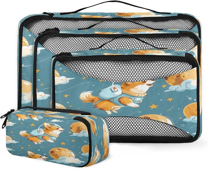 Packing Cubes for Travel, Universe Space Travel Luggage Packing Organizers for Women Men, Large Custom Toiletries Bag for Cosmetics Toiletries, Corgi Dogs