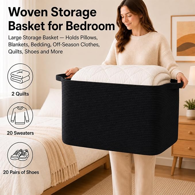 OIASKET 118L Extra Large Blanket Basket Living Room, 24.8"x17.7"x16.2" | Woven Rope Baskets for Storage, Nursery Blanket Storage for Living Room, Toy Basket with Handle Organizing Comforter Pillows