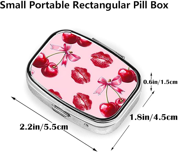 ABLESKY Pill Box, 2 Compartment Pill Organizer Case for Pocket or Purse, Small Portable Metal Travel Medicine Box with Mirror, Daily Vitamins Fish Oil Container-Cherry Pink Bow with Red Lips