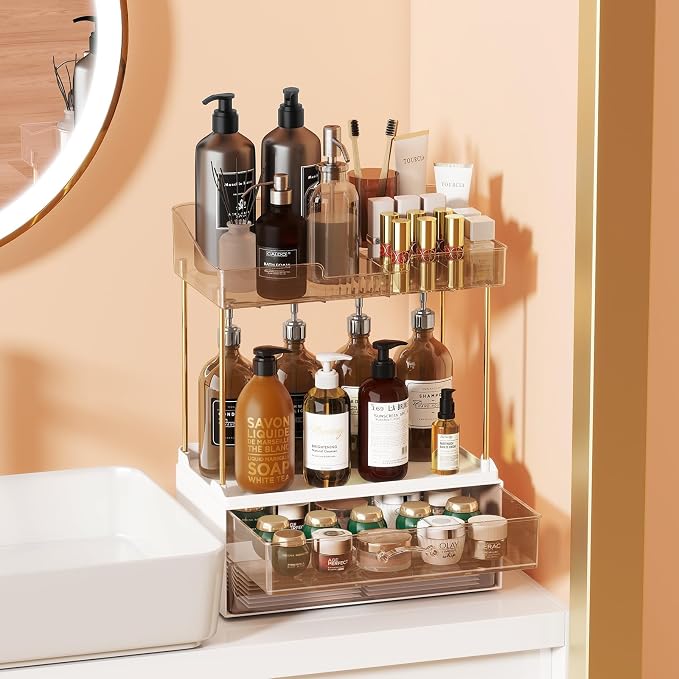 KHNR 2-Tier 2-Drawer Bathroom Organizer Countertop, Multi-Purpose Makeup Organizer Countertop, Large Skincare Organizers, Exquisite Vanity Organizer for Bathroom, Dresser, Kitchen (Amber)