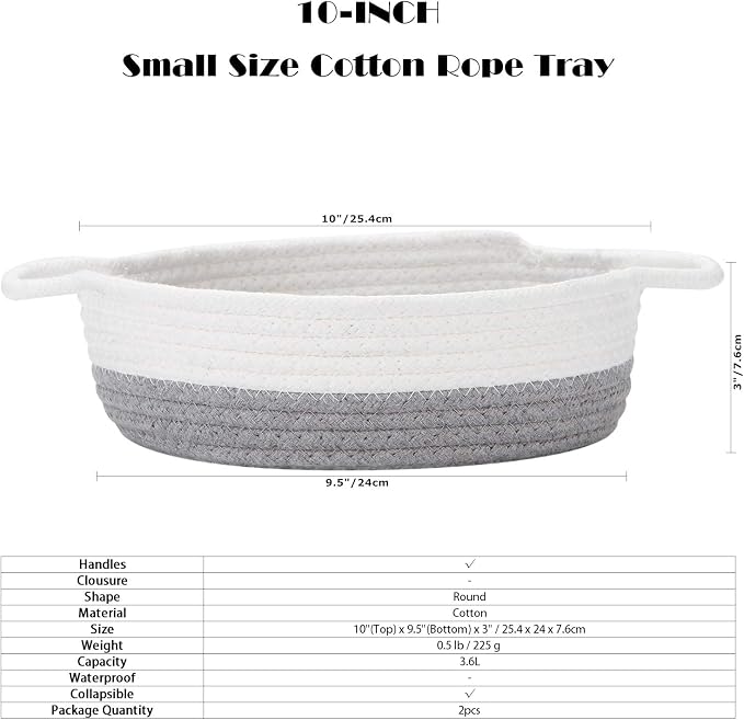 Sea Team 2-Pack Compact Woven Cotton Rope Storage Baskets, Gray | Knitted Decorative Organizer Bins with Handles, Portable Round Containers for Small Items, Keys, Makeup, Jewelry, Trinkets