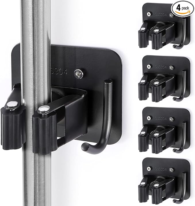 Stainless Steel Broom Holder, Heavy Duty, Rust Resistant, 4 Gripper Positions with 4 Hooks, Black | Drill-Mounted Gripper Rack Holds Brooms, Mops and Garden Tools Safely in the Laundry Room, Kitchen, Garage, Garden and Shed
