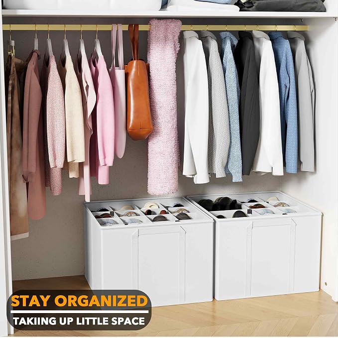 SpaceAid Shoe Organizer for Closet, 2 Pack Foldable Shoe Storage Containers Baskets Boxes Bins w/Adjustable Dividers, Fits 16-32 Pairs, White