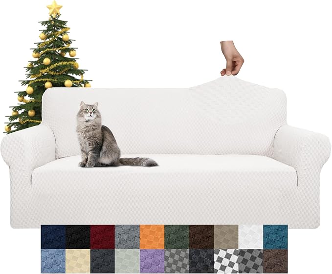 YEMYHOM Couch Cover Latest Jacquard Design High Stretch Sofa Covers for 3 Cushion Couch, Pet Dog Cat Proof Slipcover Non Slip Magic Elastic Furniture Protector (Large, White)
