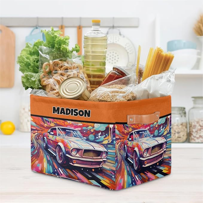 Custom Rectangle Storage Basket, Personalized Name Organizer Bins for Pet/Children Toys, Books, Clothes, Perfect for Rooms/Playroom, Watercolor Painted Car