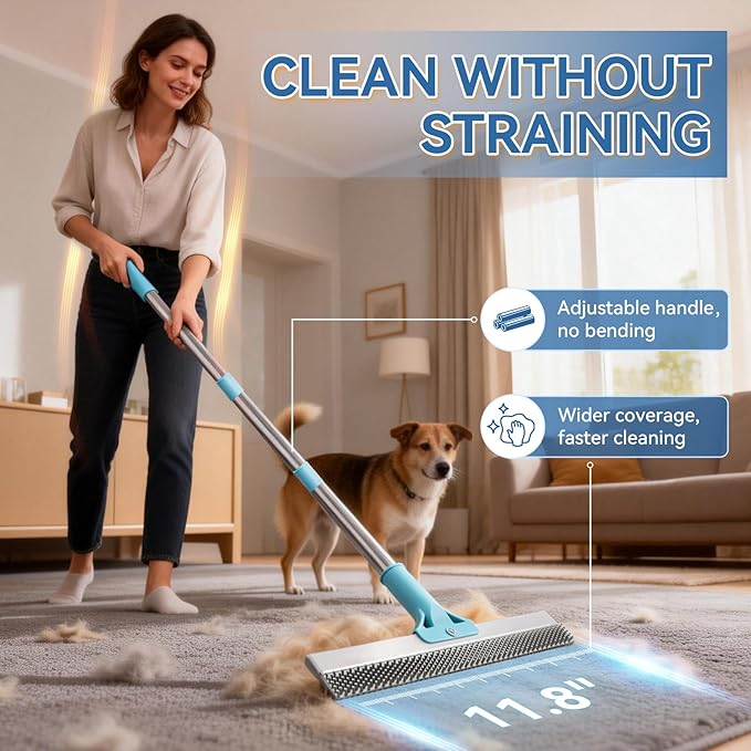 BFNN Carpet Rake for Pet Hair Removal | Reusable Dual-Action Carpet Broom Tool with Metal Scraper & Silicone Brush | 54" Adjustable Handle | 3Pcs Cat & Dog Fur Cleaning Kit for Rugs, Couch & Furniture
