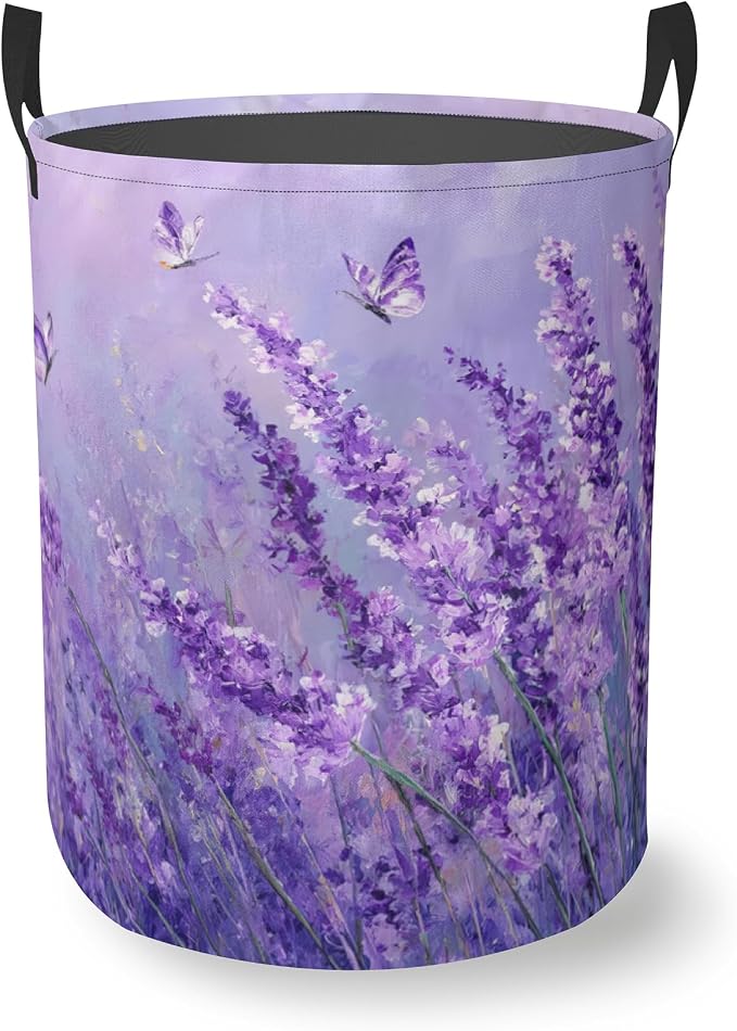Purple Lavender Round Laundry Basket Collapsible Laundry Hamper with Handles Toys Clothes Organizer Bin For Home Bathroom Bedroom Dorm Nursery