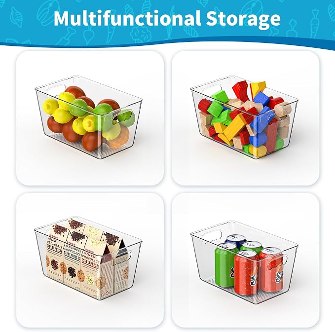 Clear Fridge Organizer Bins with Handles, 6 Pack Medium 10×6×5 Inch | Clear storage bins with handles, food organizer basket for kitchen, fridge, freezer and bedrooms