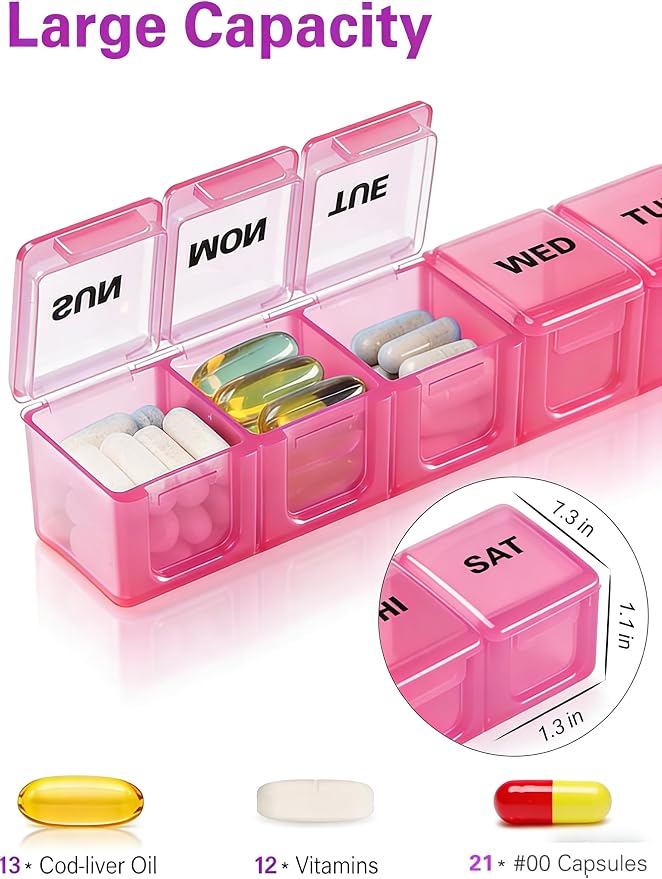 BUG HULL Weekly Pill Organizer Large 2 Packs, Extra Large Travel Pill Organizers, Pill Box 7 Day, Travel Pill Case, Medicine Pill Organizer for Vitamins, Supplements and Medications (Red+White)
