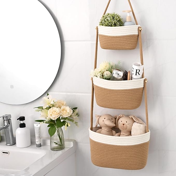 Hanging Basket, 3-Tier Woven Wall Basket with 4 Hooks, Cotton Rope Storage Baskets, Over the Door Organizer for Nursery, Bedroom, Cottage and Boho Wall Decor