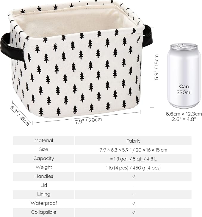 Sea Team Collapsible Fabric Storage Cube Bins Organizer with Handles | Canvas Storage Baskets for Closet Shelf Organization and Organizing Solution, 7.9 x 6.3 x 5.9 Inches, Black, 4-Pack