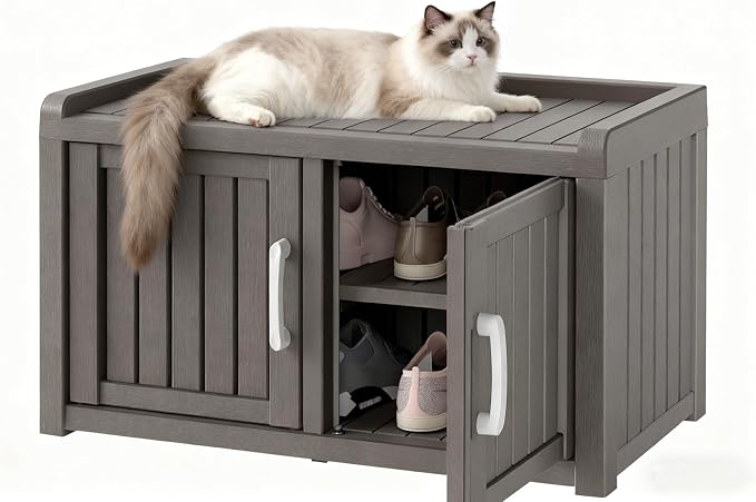 NUNU LAB Shoe Cabinet, Waterproof UV-Resistant Outdoor/Indoor Shoe Storage Cabinet with Adjustable Shelves, Shoe Organizer Bench with 2 Barn Doors for Foyer, Hallway, Living Room, Black