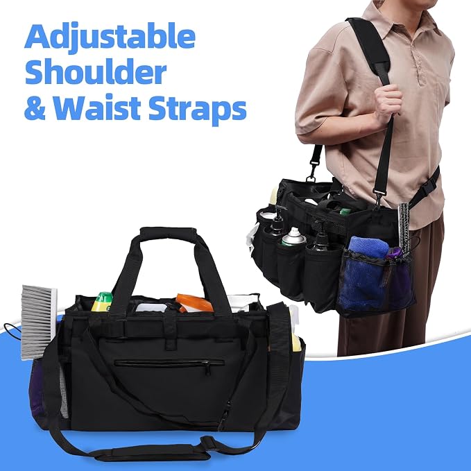 Large Cleaning Supplies Bags for Housekeepers, Professional Wearable Cleaning Supply Caddy for House Cleaners Detail Car Cleaning Supplies Organizer Tote with Handle, Black