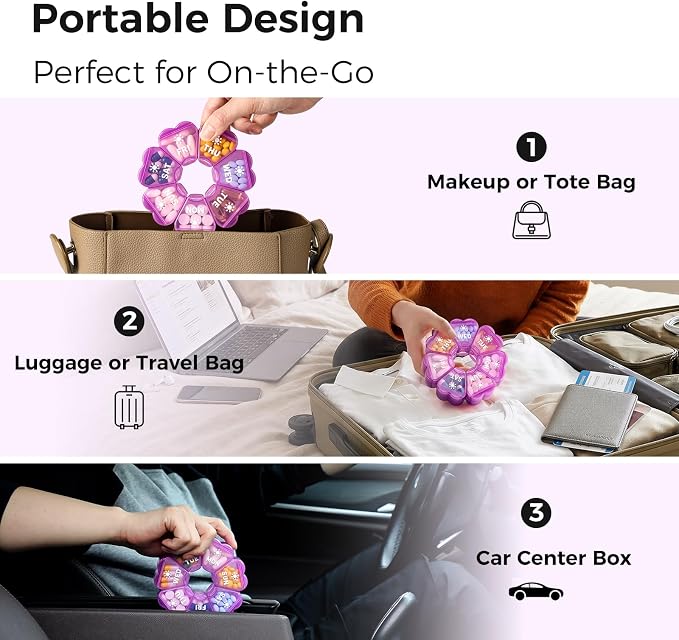 LANDNEOO Weekly Pill Organizer 2 Times a Day, Cute Double-Sided AM PM Pill Case 7 Day, Purple Travel Pill Box for Medication, Vitamins, Fish Oils, Supplements - Purple