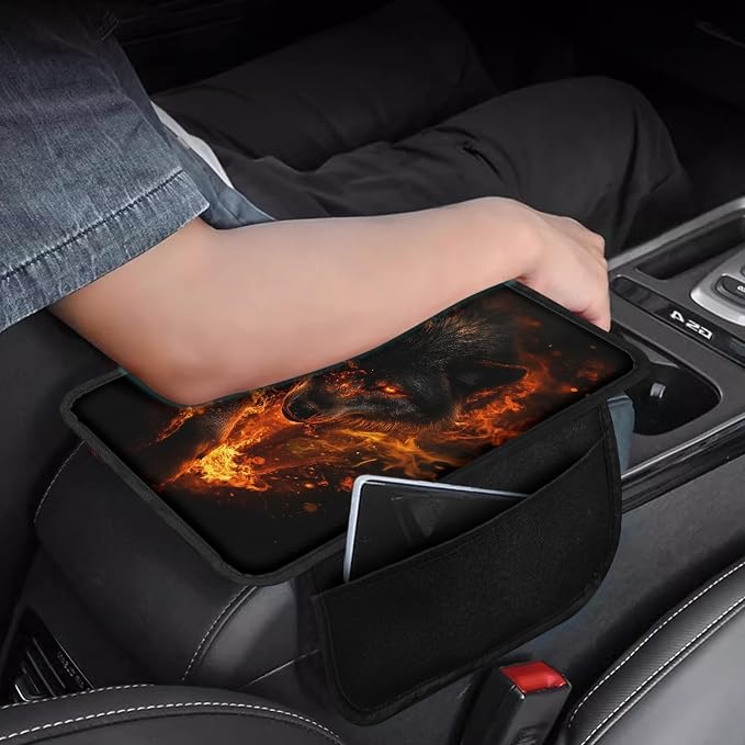 Howilath Flame Wolf Car Center Console Cover Universal Fit Armrest Cushion | Anti-Slip Backing, Protects from Scratches and Stains, Fits Most Cars and Trucks