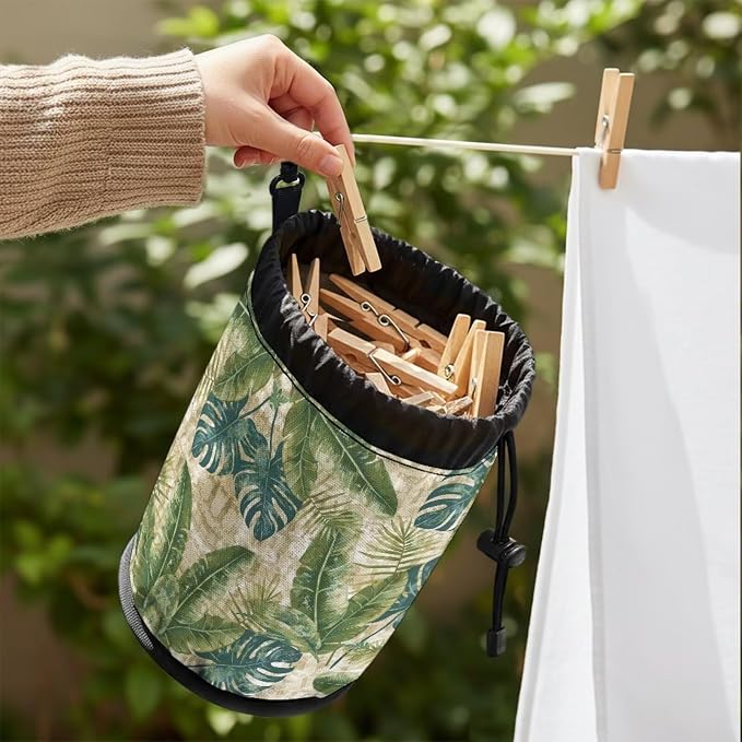 Tropical Leaf Clothespin Holder Bag, Drawstring Closure Laundry Accessory Organizer, Portable Peg Storage Pouch for Drying Rack, Perfect for Home, Camping & Travel