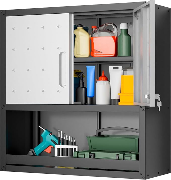 Garage Wall Cabinet,29.5" W Wall Mounted Garage Cabinets with Adjustable Shelf,Heavy Duty Lockable Metal Cabinet,Secure Hanging Tool Cabinet for Basement,Laundry Room,Workshop,Black/Grey