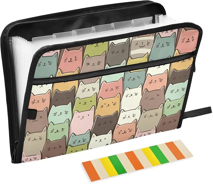 13 Pocket Zipper Expanding File Folder A4 Cat Funny Cartoon | Accordion File Organizer with Front Pouch A4 Letter Size Portable Folders for Documents Receipt School Office Supplies