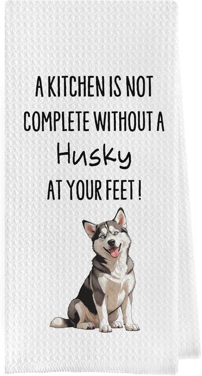 Funny Husky Dish Towels - Decorative Waffle Weave Kitchen Hand Tea Towels, Siberian Husky Gifts (1624 Inches)