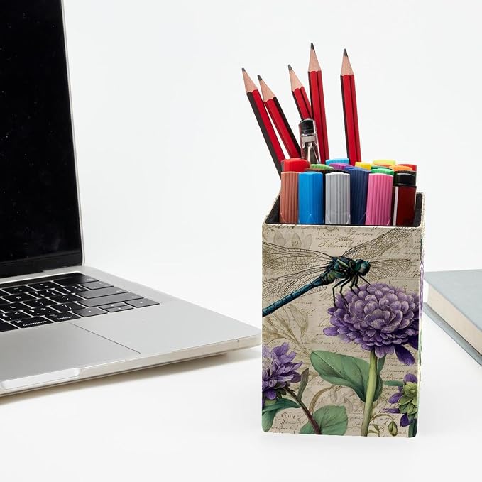 Dragonfly Retro Pen Holder for Desk Decor, Rectangular PVC Leather Pencil Cup for Desk Pen Organizer, Makeup Brush Holder for School, Home, Office