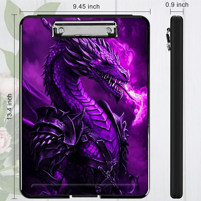 Purple Flaming Dragon A4 Clipboard with Storage Pen Holder, Clipboards Organizer Nursing Clipboard Foldable File Folder Plastic Clipboard Folio Clip Board for Office Students Classroom