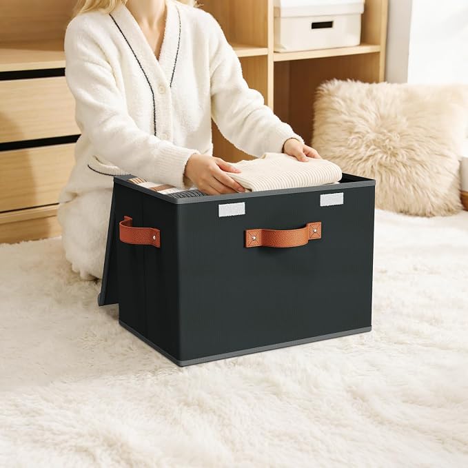 Univivi Fabric Storage Cubes with Lids, Stackable Storage Box, Black, 3 PCS | Heavy Duty, Large Capacity, Leather Handle, Oxford Fabric, Sturdy PP Board, Storage Bins for Bedroom, Closet, Nursery, Office