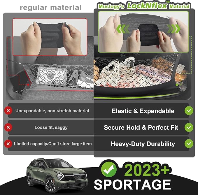 Muslogy Cargo Net for 2023 2024 2025 2026 Kia Sportage Accessories | Custom Fit, Trunk Storage Organizer Net for SUV Sedan Van Divider, with Heavy Duty Carabiners, Night Visible Grab Handle