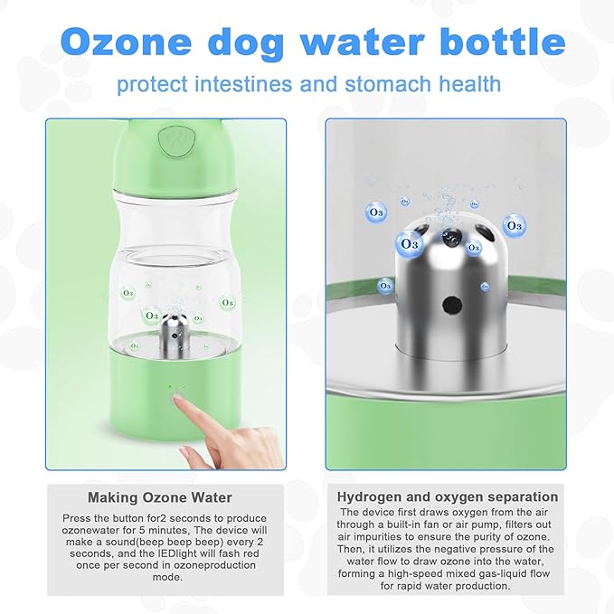 Amerisun Portable Dog Water Bottle with Ozone Purification - Active Oxygen Puppy Water Bowl & Dispenser for Travel, Improves Taste and Boosts Immunity for Pet Health Care Water Bottle (Green)