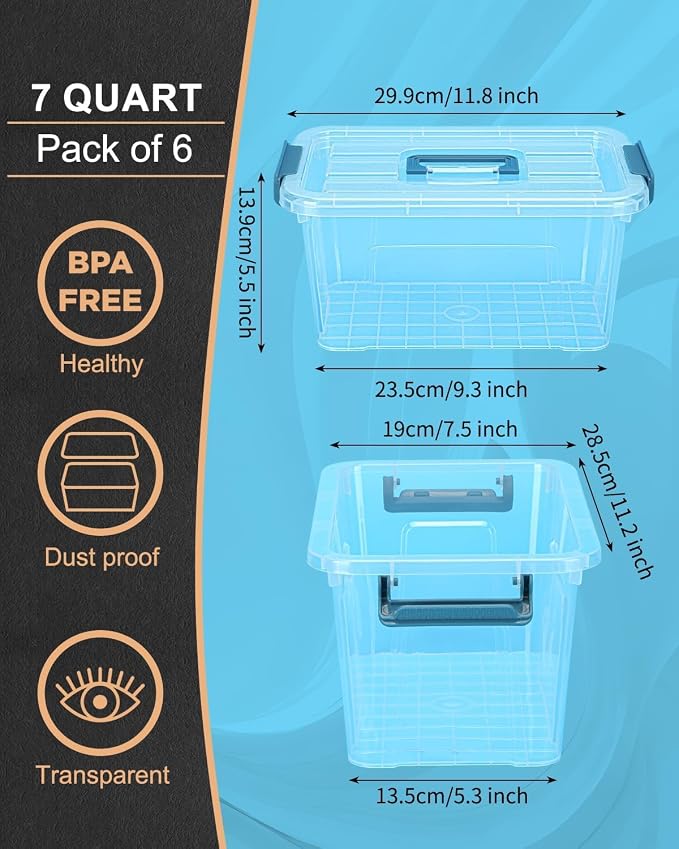 NUMIFUN Plastic Storage Bins with Lids 6 Pack, 7 Quart Storage Containers with Black Buckle Latch, Stackable Storage Containers for Home Pantry Office Classroom Organization, White