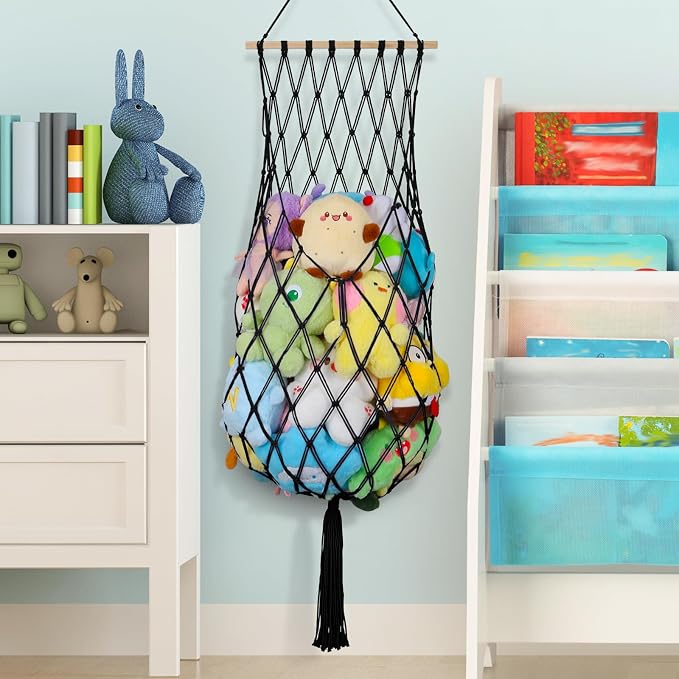 68 Inch Stuffed Animal Storage Net Corner Stuffy Hammock,Black | Boho Macrame Large Toy Hammock for Stuffed Animals Organizer,Wall Ceiling Over Door Stuffy Storage Holder,Nursery Room Decor