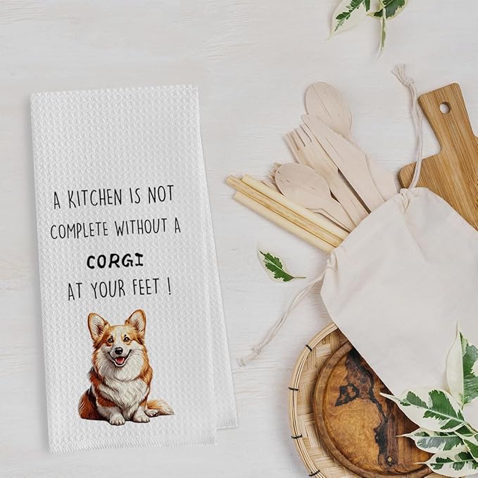 Funny Corgi Dish Towels Set - Corgi Gift Waffle Weave Kitchen Towels, Dog Decorative Hand Tea Towels for Bathroom Kitchen (16×24 Inches Set of 2)
