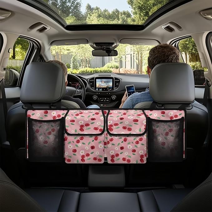 Dreaweet Cute Trunk Organizer for Car Women Pink Cherry Print Car Storage Accessories Interior Car Trunk Organizer SUV Hanging Car Storage Back Seat Bag with 4 Pockets 3 Adjustable Straps