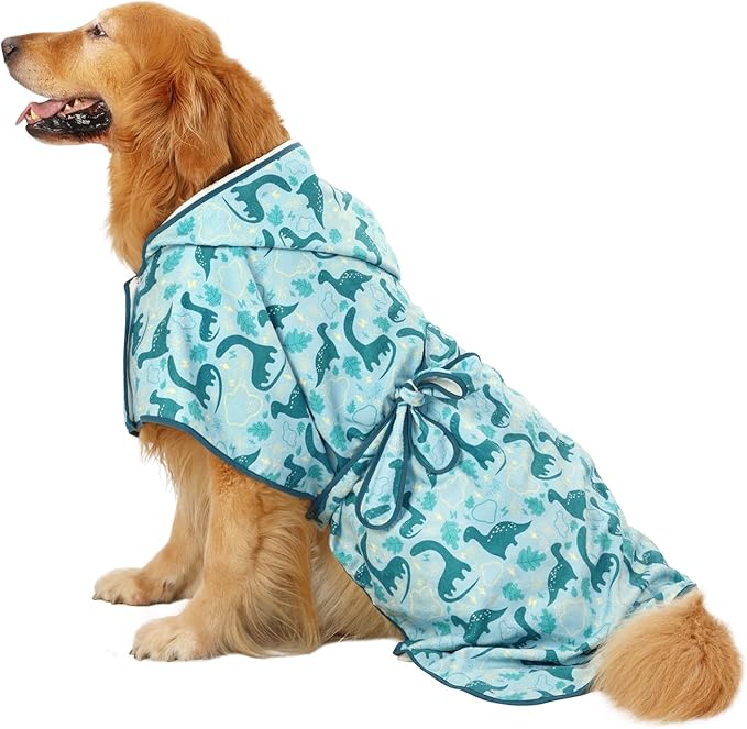 HDE Dog Bathrobe Super Absorbent Quick Drying Puppy Towel Wrap Coat Adjustable After Bath Robes with Hood for Dog Sizes S-XXL Dinosaurs XXL