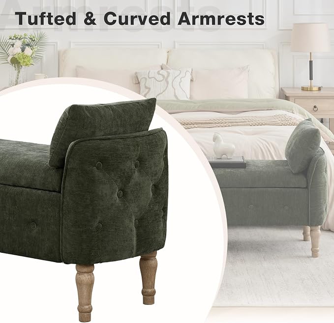 End of Bed Storage Bench King Size,51" Upholstered Bedroom Bench,Green | Linen Storage Bench for Bedroom End of Bed ,2 Cushion, Vintage Wood Legs ,Tufted,Storage Ottoman Bench for Entryway Window