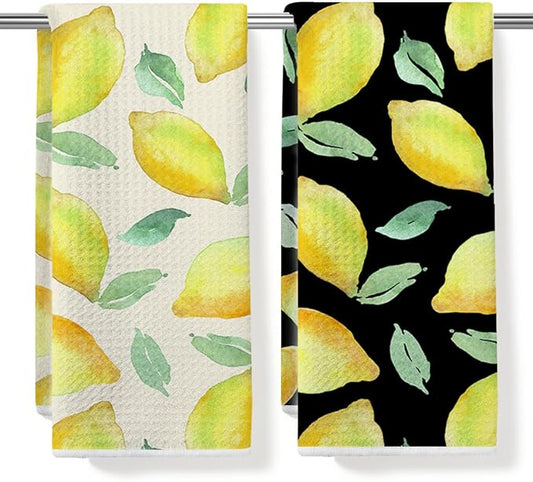 Lemon Kitchen Towels, Quick Dry Multipurpose Waffle Weave Hand Towels for Bathroom, Absorbent Reusable Cloth Tea Dish Towels for Home Decor, Lemon Lover Gift White and Black Background Towel Set of 2