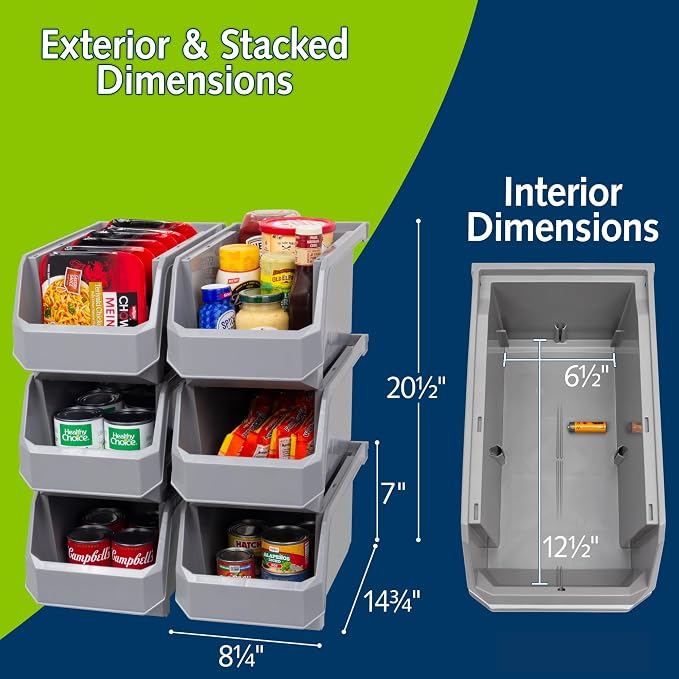 Large Stackable Plastic Storage Bins, 6-Pack, Grey | Open-Front Stackable Bins For Garage, Pantry, Closet & Office, 14,8"L X 8"W X 7"H, Nests When Empty, Durable Plastic,