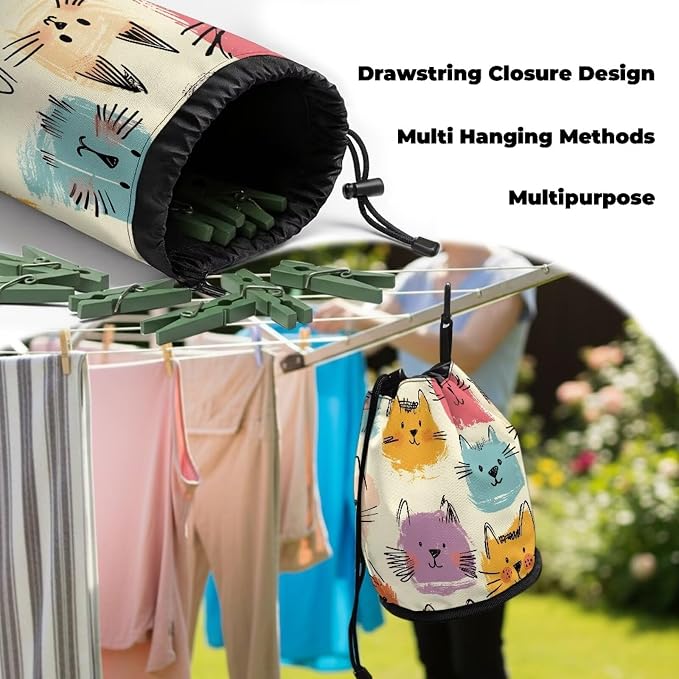 Cat Clothespin Bag for Clothesline Outdoor, Clothes Pin Bag with Drawstring Closure, Large Opening, Large-Capacity Clothespin Storage Organizer with Hooks